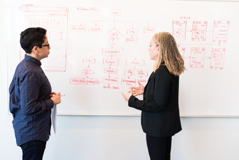 A man and a woman writing on a whiteboard and discussing strategy